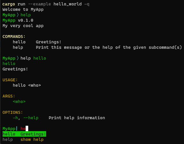 Screenshot of reedline repl in action